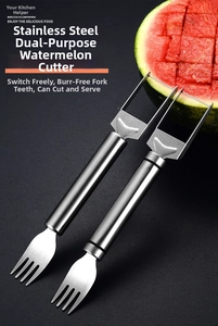 Dual-purpose stainless steel watermelon slicer and fork with polished finish detail