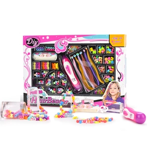 DIY kids hair beader set with pink electric braider and colorful beads in retail box
