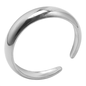 Close-up of polished silver stainless steel open ring with a minimalist smooth finish
