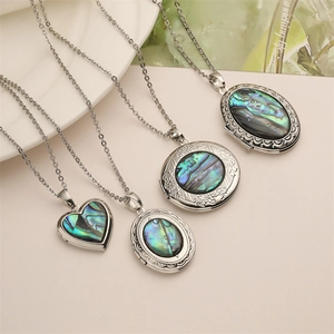 Natural Abalone Shell Photo Locket Necklace Silver Tone Vintage Engraved Heart Round Oval Pendant Jewelry For Women