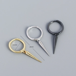 S925 sterling silver cone drop earrings in gold, silver, and black finishes with dimensions