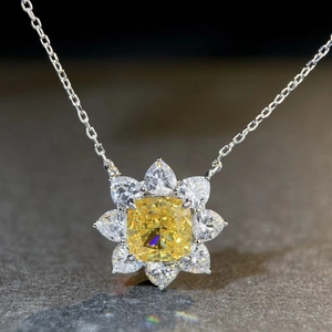 S925 sterling silver sunflower pendant necklace with yellow gemstone and clear accents