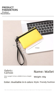 Détail du porte-monnaie jaune en toile avec fermeture éclair et dimensions 14.5x9x0.5cm