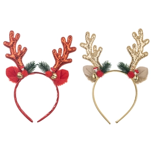 Christmas reindeer antler headbands with glitter, gold bells, and plush ears in red and gold