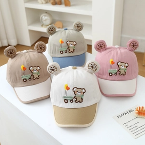 Cute baby baseball caps with bear ears and embroidery, four colorful cotton sun hats