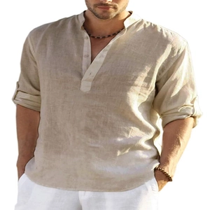 Men's casual beige cotton linen long sleeve shirt with henley neck and rolled-up sleeves