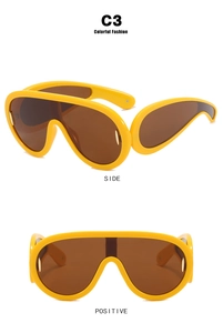 C3 Colorful Fashion oversized yellow futuristic sunglasses with brown lenses in two views