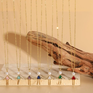 Minimalist gold necklace set with cartoon girl pendants in colorful zircon and pearls