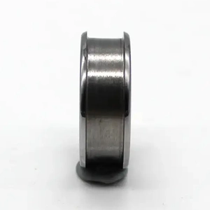 Macro detail of industrial style brushed tungsten steel ring blank with beveled edges