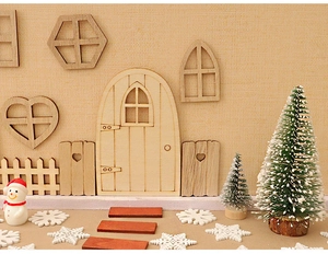 Miniature wooden Christmas door and windows set with fences for festive DIY scene decor