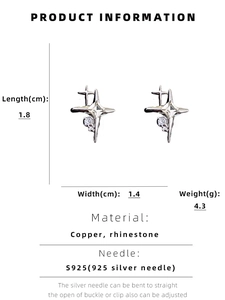 Detail view showing dimensions and S925 silver needle of the four-pointed star earrings