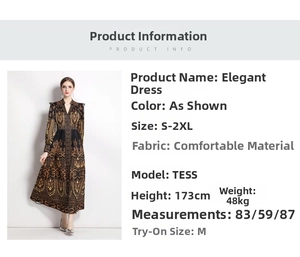 Detailed chart showing retro palace print dress size S-2XL and model measurements