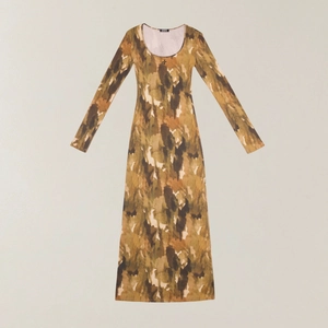 Flat lay of a long-sleeve camouflage dress with brown abstract ink-wash patterns