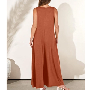 Rear view of a sleeveless caramel jumpsuit featuring a hidden back zipper and wide legs