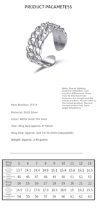 Detailed size chart for S925 sterling silver chain ring showing diameter and circumference