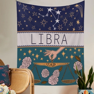 Detailed view of Libra zodiac tapestry featuring celestial star map and floral motifs