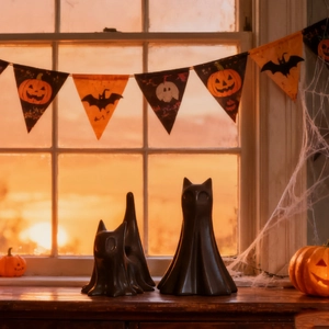 Set van twee zwarte Halloween spookkatten op een vensterbank met warm zonsonderganglicht