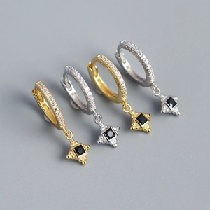 925 Sterling Silver Huggie Hoop Earrings With Square Black Gemstone Pendant Retro Geometric Pavé Zirconia For Women