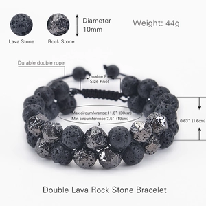 Double-layer 10mm lava rock and metallic stone beaded bracelet for men with adjustable cord