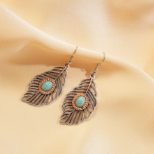 Vintage silver hollow leaf earrings with turquoise and orange beads on silk