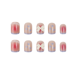 Pink gradient press-on nails with 3D bows, pearls and purple French tips 10pcs set