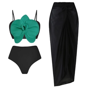 Damen Badebekleidung Bikini Oberteil Und Hohe Taille Hose Und Wickelrock 3D Grüne Orchidee Blume Dekor Sexy Urlaub Strandmode Nylon