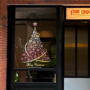 Pink and white snowflake Christmas tree window decal for storefront glass door decoration