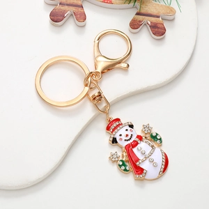 Christmas snowman keychain with gold metal plating, red enamel and sparkling rhinestones