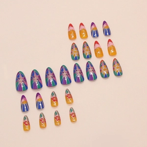 Gothic stained glass design long almond press-on nails set with 24 colorful floral pieces