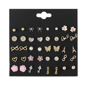 24-piece assorted stud earring set with floral, butterfly, and heart designs in gold finish