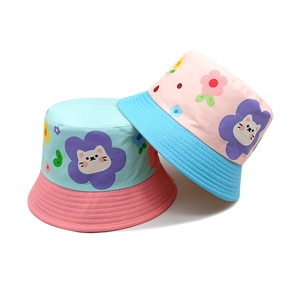 Kids Bucket Hat Polyester Sun Protection Cartoon Cat Flower Pattern Color Block Outdoor Sunscreen For Boys Girls