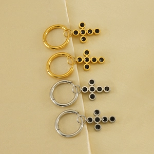 18k gold and silver stainless steel hoop earrings with cross pendants and black stones