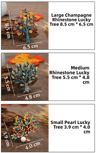 Detailed size comparison of tree of life brooches with pearls and colorful rhinestones