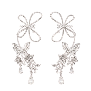 Luxury silver butterfly ear cuffs with sparkling crystals and teardrop zircon pendants