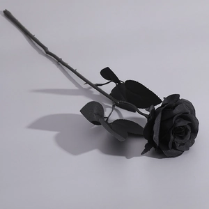 Macro shot of artificial black rose petals and textured leaves in Gothic style
