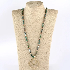 Retro multi-color stone and glass beaded necklace with golden double circle pendant