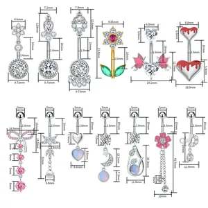 Detailed size chart for cubic zirconia belly rings showing bar length and charm dimensions