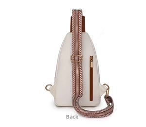Back view of beige PU leather sling bag featuring woven strap and secure zipper pocket