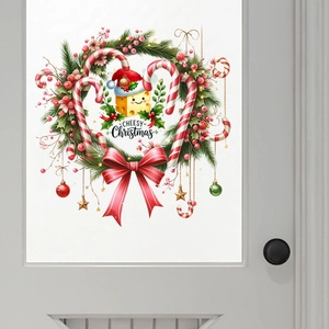 Sticker mural couronne de Noël avec nœud et sucre d'orge pour décoration de porte