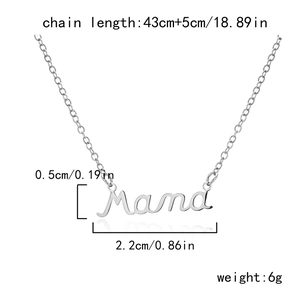 Detailed product size chart for the silver Mama pendant necklace with dimensions shown