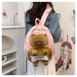 Pink Capybara backpack detail featuring plush mascot and clear pocket for cute school style
