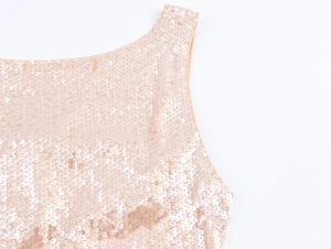 Détail de la broderie à paillettes champagne sur tissu en maille transparente pour robe