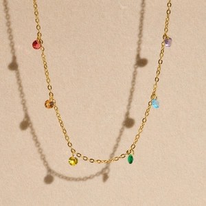 18K gold plated stainless steel necklace with sparkling colorful round zircon gemstones