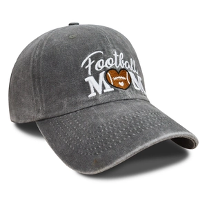 Detail of washed charcoal baseball cap featuring white Football MOM embroidery and heart logo