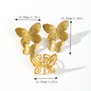 French vintage gold butterfly jewelry set with detailed dimensions for earrings and ring