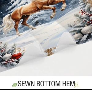 Detail of Christmas shower curtain featuring sewn bottom hem and winter horse pattern