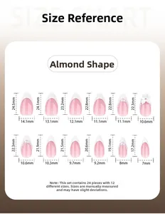 Size chart for almond-shaped press-on nails with detailed measurements in millimeters