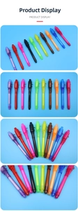 Detailed arrangement of ten colorful invisible ink pens with UV light caps on blue background