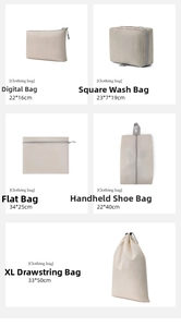 Detailed size specifications for beige travel organizer set with five functional bags