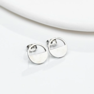 Minimalist geometric hollow round stud earrings in silver finish for women